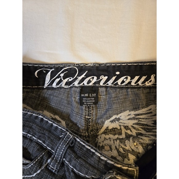 Victorious Mens Denim Jeans 36×32 Black Decorated Pockets Silver And Black Y2K - Picture 7 of 11
